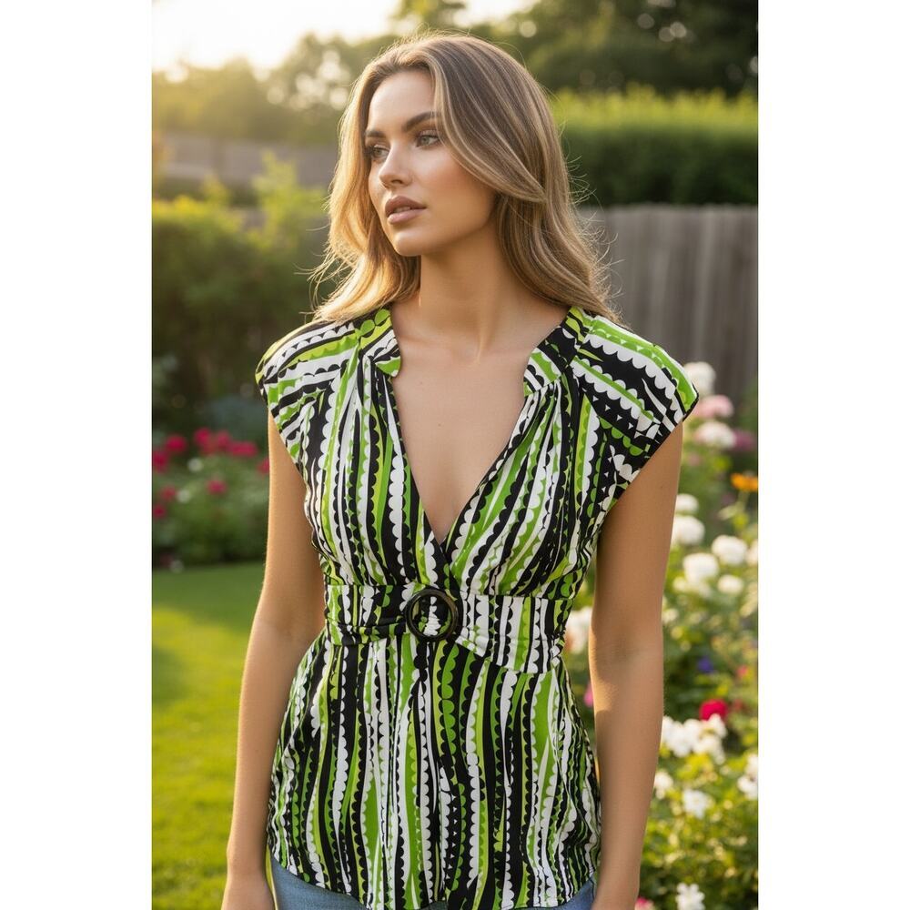 Voli Green Black White Geometric Print Belted Tunic Dress Size L